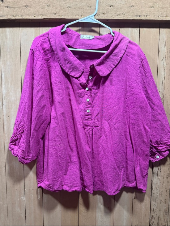 Fashion Collection Tops - Soft Button-Placket Fuschia Women's Top with Peter Pan Collar